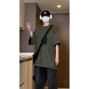 港风大码日系复古麂皮绒宽松套头圆领短袖T恤 XZ213-T061-P35控48图片