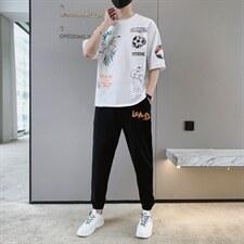 新款夏季潮流时尚T恤男装青少年宽松休闲圆领套装F306P68，男装休闲套装，电商A086