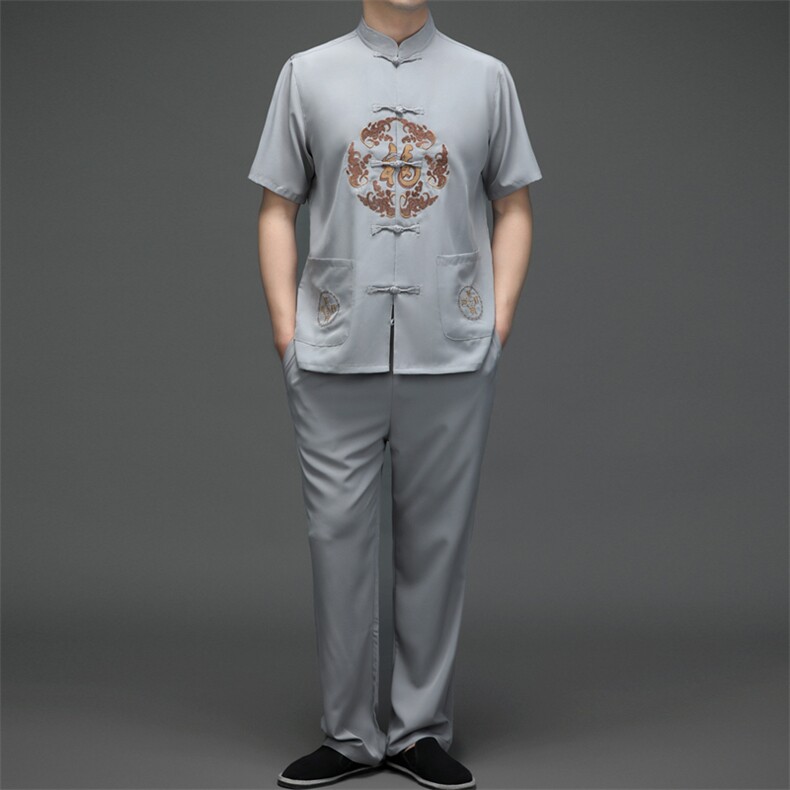 SQY2202男士春季两件套短袖套装中老年爸爸复古唐装风P90,男装民族服装,电商B360