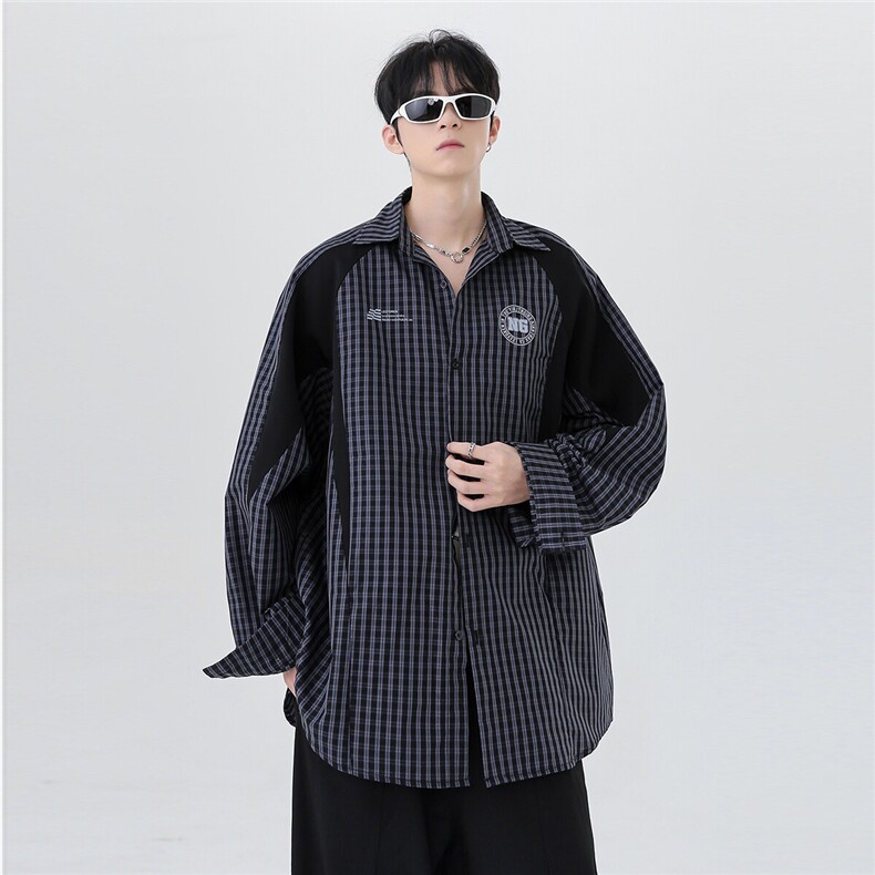 美式复古格纹衬衫男春季宽松长袖衬衣暗黑潮流翻领打底衬衫男p58,男装衬衫,电商C307