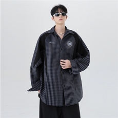 美式复古格纹衬衫男春季宽松长袖衬衣暗黑潮流翻领打底衬衫男p58，男装衬衫，电商C307