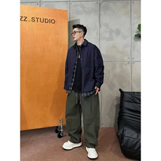 藏青色假两件短款外套男款春秋季设计感翻领格子拼接美式工装夹克，男装夹克，星座908-1