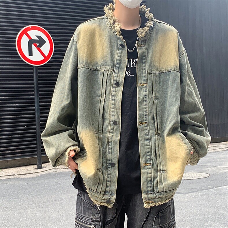美式高街渐变牛仔外套男秋宽松百搭情侣毛边立领夹克JK02214-P62,男装工装外套,星座308B-1