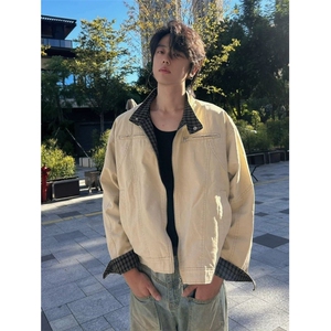 卡其色立领哈灵顿夹克男款秋季cleanfit千鸟格假两件工装短款图片