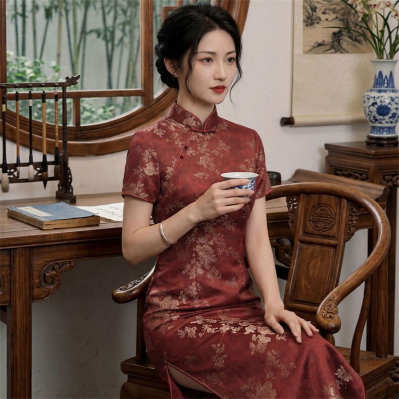 2026年夏季新品时尚气质金丝提花香云纱品质真丝喜庆中长款旗袍裙，女装连衣裙，媚琳依坊