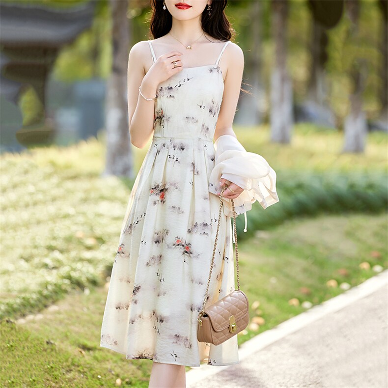 2024年夏季新款复古透气网纱短外套套裙盘扣水墨画连衣裙套装,女装套装/套裙,初闻兮