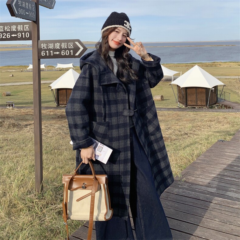深蓝色复古格纹双面呢连帽大衣女2025秋学院风宽松休闲中长款外套，女装双面呢大衣，曼娅璐