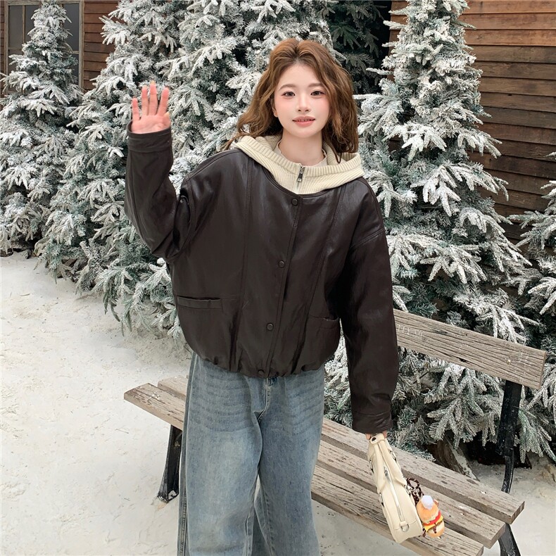 韩版针织连帽假两件短款羽绒服女2025冬装保暖皮衣夹克外套上衣潮,女装皮衣,艾米莉亚
