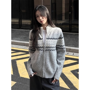 费尔岛针织开衫女早秋穿搭半高领毛衣拉链外套宽松慵懒风软糯上衣