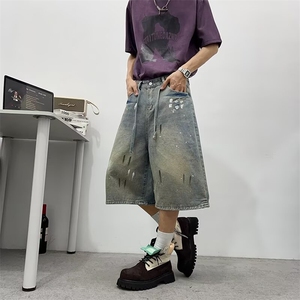 夏季复古泼墨水洗蓝色牛仔短裤男女美式街头宽松设计感七分裤子图片
