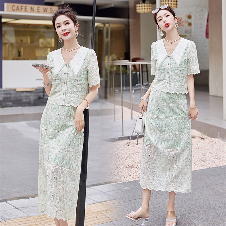 大码女装蕾丝刺绣短袖上衣显瘦a字半身裙夏季胖mm国风两件套，女装套装/套裙，慕依路