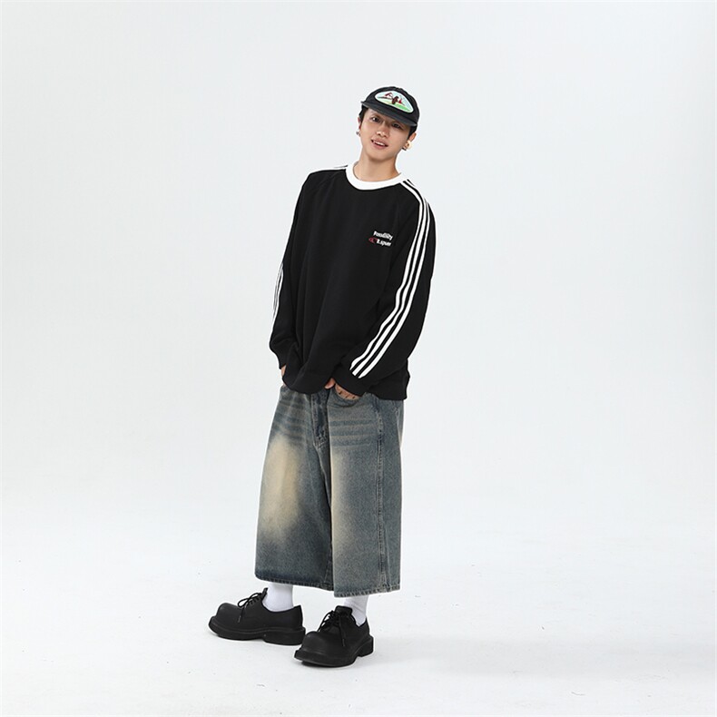 抖音得物品质支持退换480克宽松全棉加绒三条杠印花卫衣A0508,男装卫衣,电商A443