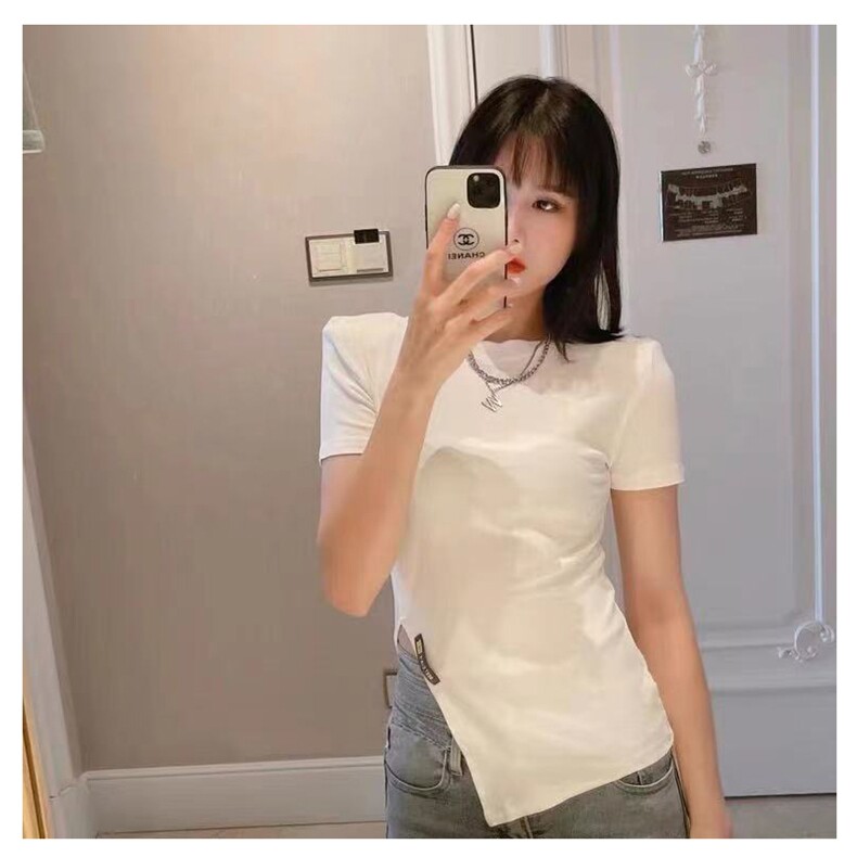 抖音网红西米自制女装夏款弹力螺纹个性贴图开叉短袖T恤打底上衣,女装T恤,潮品会