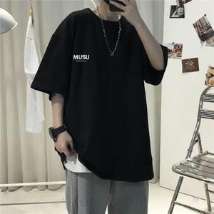 T003男士休闲字母印花宽松五分袖半截袖纯棉T恤大码男女青少年潮图片