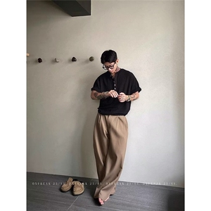 老钱风亨利领短袖t恤男夏季透气肌理感修身V领美式重磅上衣图片