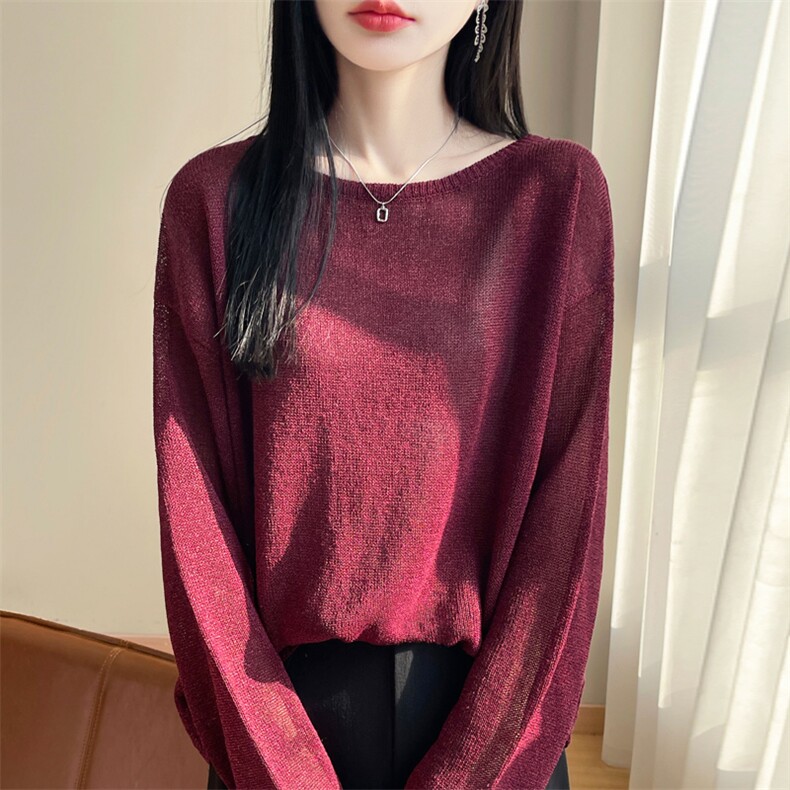 宽松简约百搭亚麻长袖T恤女2025夏微透松弛感显瘦罩衫纯色薄上衣,女装蕾丝衫/雪纺衫,东远绒业