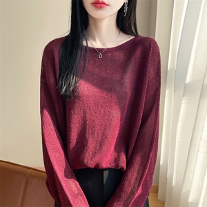 宽松简约百搭亚麻长袖T恤女2025夏微透松弛感显瘦罩衫纯色薄上衣图片