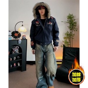 现货高品质美式高街重磅刺绣座山雕大毛毛领棉衣男女加厚棉服外套图片