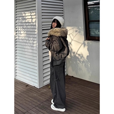 现货重磅boxy短款棉衣座山雕大毛毛领男女棉服水洗工装厚外套，男装棉衣，电商A486-1
