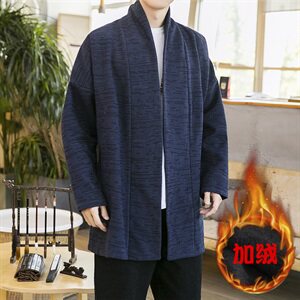 中国风冬款无扣风衣纯色中国风开衫长袖亚麻外套加绒汉服D582P95图片