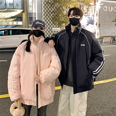 情侣装冬装港风条纹织带棉服棉衣休闲加厚外套男女G1107P118，男装棉衣，电商A339