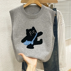新款圆领小猫提花时尚马甲百搭简约风，女装针织衫/毛衣，兰叶羊绒