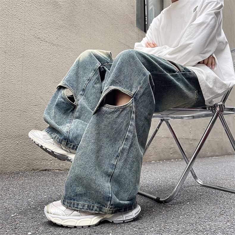 春秋牛仔裤男美式破洞撞色宽松复古高街嘻哈阔腿裤N02007-P50,男装牛仔裤,星座308B-2