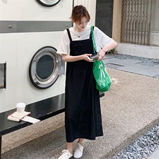 黑色假两件拼接连衣裙女2025夏季新款韩系设计感宽松显瘦T恤长裙，女装连衣裙，2C206