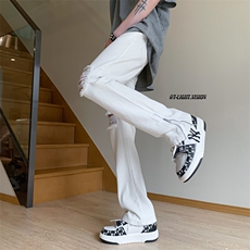 B221美式ins高街小众百搭微喇拉链破洞牛仔裤LK23086-P60控78，男装牛仔裤，电商B221