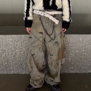 美式复古黄泥染重工脏洗阔腿牛仔裤男女无性别水洗做旧宽松弯刀裤图片