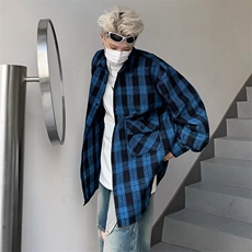 藏蓝色格子衬衫男美式复古高级感vintage潮牌长袖衬衣情侣装外套，男装衬衫，星座601-2