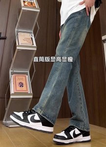 春夏男士美式高街宽松水洗复古松紧腰微喇叭牛仔裤K501-P55图片