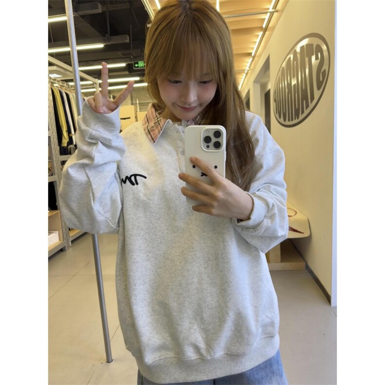 5279-P48美式学院风撞色格子polo领卫衣薄款/加绒,女装卫衣/绒衫,星座617A-2