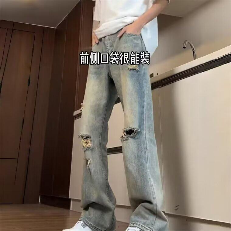 D792-P50复古破洞牛仔裤男夏季新款美式高街弯刀微喇裤-网图现货,男装牛仔裤,星座603-2