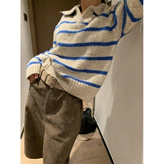 复古翻领条纹毛衣女秋冬慵懒风宽松长袖软糯针织衫上衣M5111，男装针织衫/毛衣，星座1116A（原606A-3）