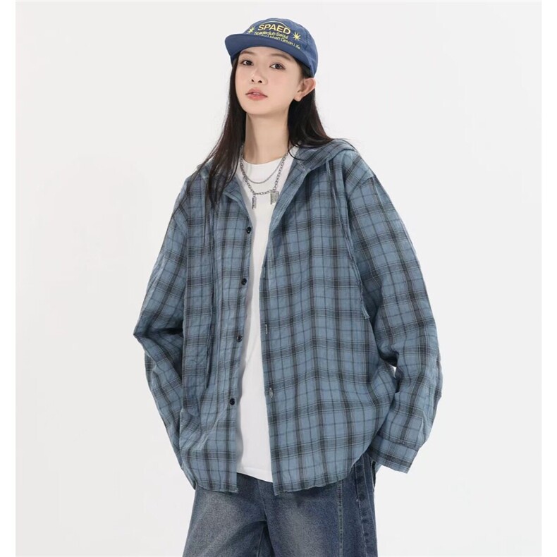 夏季美式格子长袖衬衫男女情侣潮牌宽松衬衣防晒外套CY1153-P55，男装防晒衣，星座412-3