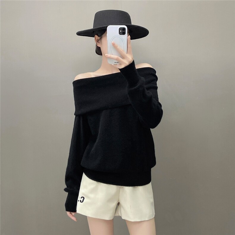HE|性感女人露肩baby山羊绒衫女宽松一字领针织衫打底衫毛衣,针织衫/毛衣,国旺羊绒
