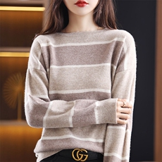 时尚百搭条纹羊毛衫女士羊毛圆领宽松显瘦毛衣，女装羊毛衫，莺澜羊绒