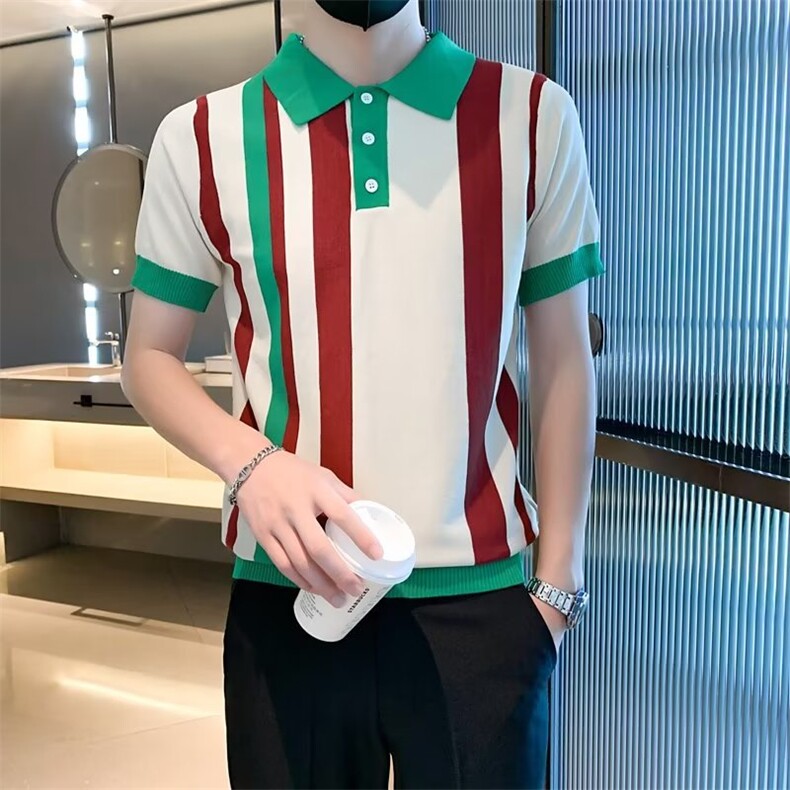 英伦奢华夏季休闲翻领短袖t恤男竖条纹拼色针织polo衫男T3375,男装T恤,星座1116A-2（原606A-1）
