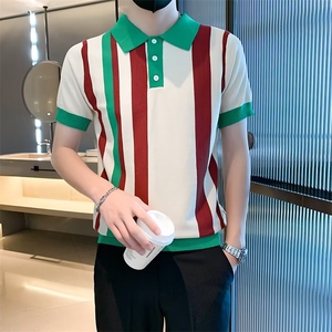 英伦奢华夏季休闲翻领短袖t恤男竖条纹拼色针织polo衫男 T3375图片
