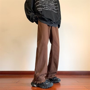 美式复古牛仔裤男秋季直筒修身毛边裤子高街vibe痞帅微喇休闲长裤图片