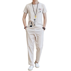 夏季风棉麻套装男短袖T恤唐装潮流汉服复古休闲套装TZ023，男装T恤，星座509