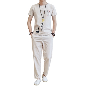 夏季风棉麻套装男短袖T恤唐装潮流汉服复古休闲套装TZ023图片