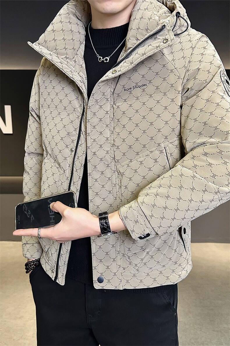 68828-M-4XL-P225-标50店主风男士休闲满印印花连帽皮质羽绒服,男装羽绒服,电商B255