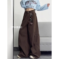 小个子复古美拉德咖色阔腿工装牛仔裤女新款辣妹高腰宽松直筒长裤，男装牛仔裤，星座1409-3