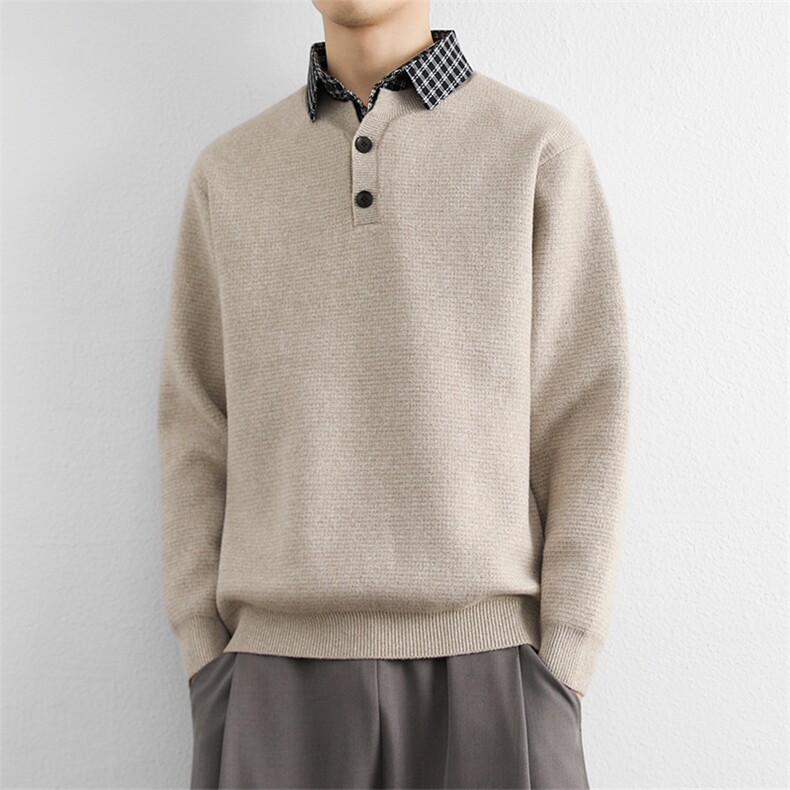 深灰色假两件条纹衬衣领针织衫男2025秋冬季重磅宽松套头毛衣,男装针织衫/毛衣,星座914