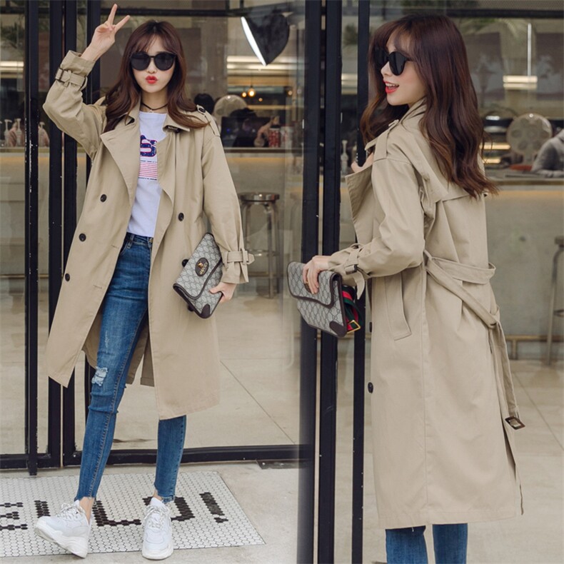 2024秋装韩版新款双排扣修身宽松时尚中长款系带风衣女外套潮女装，女装风衣，红依娜