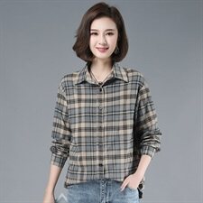 2021年春季POLO领排多扣格子长袖衬衫宽松韩版衬衣，女装衬衫，伊满意