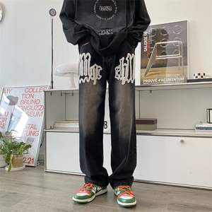 美式复古发泡印花牛仔裤男秋季高街宽松潮牌直筒阔腿裤 K6170-P48图片