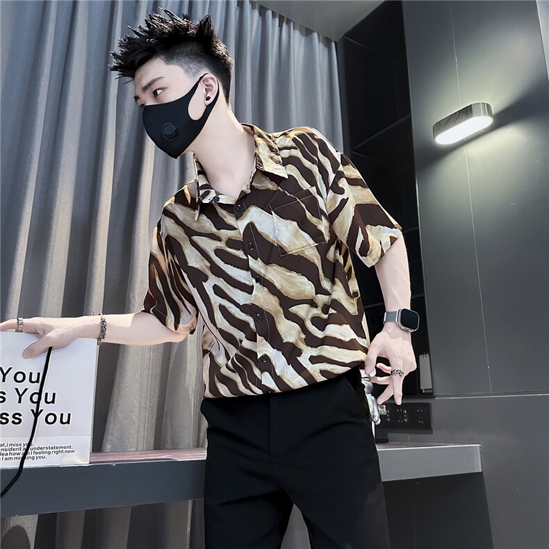 301C-CS18-P58控78痞帅潮牌薄款短袖衬衫男斑马纹社会小伙店主风,男装衬衫,星座301C（原B323）